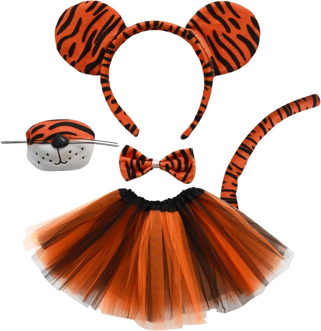 Heliltd 5 Pieces Tiger Costume Set for Adult Ear Headband Tail Nose Bow Tie Tutus Skirt for Adult Halloween Cosplay Party