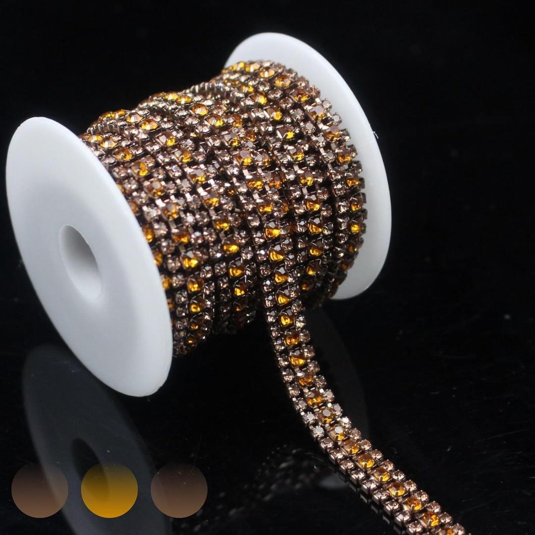 PEARLY JUN 3 Yards 3 Rows Champagne Rhinestone Chain Bling Crystal Trips Diamond Applique Silver Fringe Trim for Crafts Dress Applique Clothing Sewing Mystic Topaz Embellishments