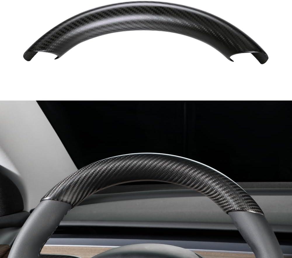 JSWAN Real Carbon Fiber Steering Wheel Cover for Tesla Model 3 2017 to 2023 Model Y 2020 to 2024 Steering Wheel Trim Cover Steering Wheel Wrap Protector Interior Accessories (Matte Black Upper Part)