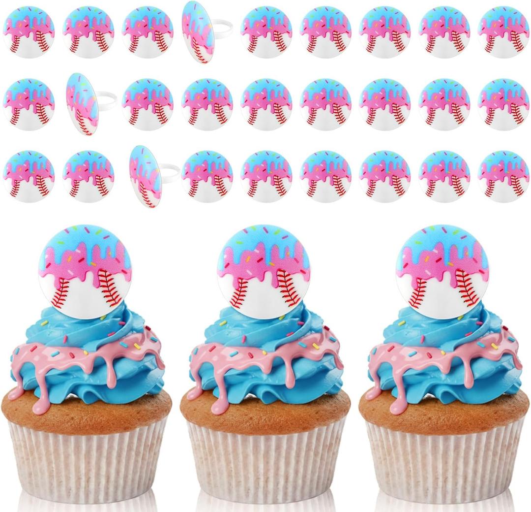 Kenning 48pcs Resin Baseball Drip Ice Cream Cupcake Ring Toppers Baseball Sport Cupcake Topper Rings for Sports Ball Theme Baby Shower Birthday Party Cake Decoration Supplies