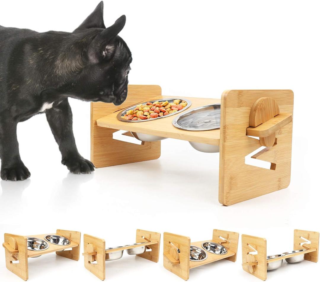 Raised Dog Bowl, Elevated Dog Bowls, Tilted Pet Food Water Bowl, Slanted Bamboo Feeding Station with Stainless Steel Bowls for Small & Medium Dogs, Cat Kitten Flat Faced French Bulldog Puppy Feeder