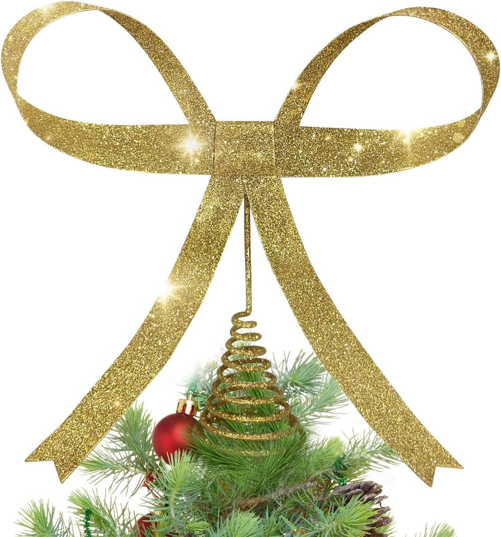 HUTHDAK Large Glitter Gold Bow Christmas Tree Topper,9.4 Inch Metal Tree Topper,Gold Bow Christmas Decorations for Xmas Home Decor Holiday Party Indoor Outdoor Shop Office