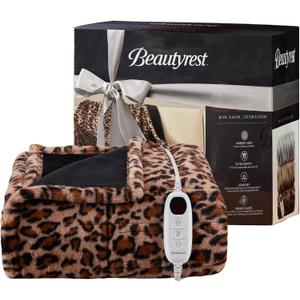 Beautyrest Long Brushed Faux Fur Ogee Textured Design Electric Blanket, Auto Shut Off, Virtually Zero EMF, Multi Heat Setting, UL Certified, Machine Washable, Leopard Throw 50x60