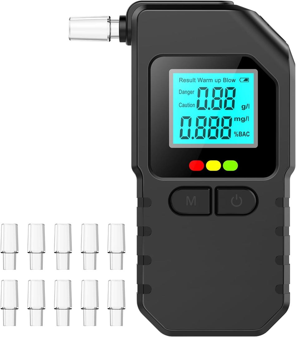 Portable Breathalyzer for Personal Use- Alcohol Detector with 10 Replaceable Mouthpieces, Fast & Accurate BAC Tester, LCD Digital Display for Car, Home, Party