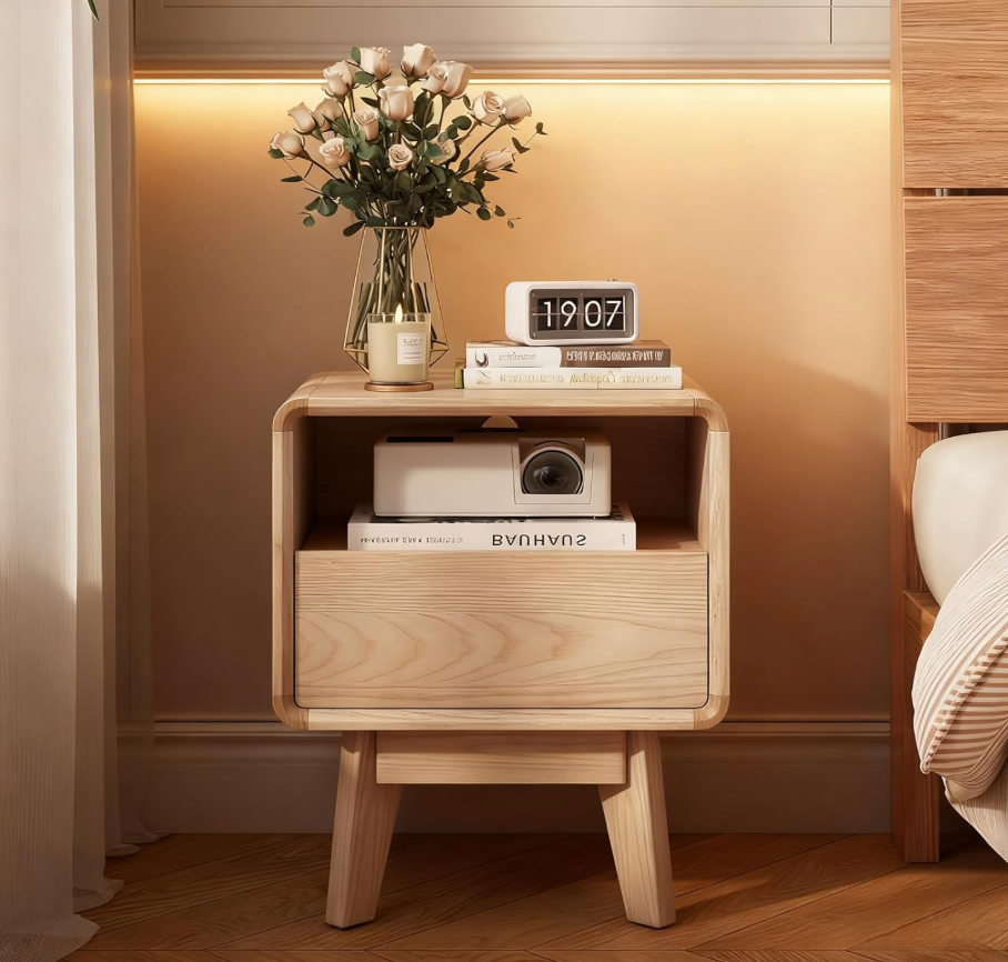 Solid Wood Nightstand, Mid-Century Modern Night Stand with Drawer & Open Shelf, Compact Bedside Tables for Bedroom, Office, Small Spaces, Light Natural Finish, Pre-Assembled
