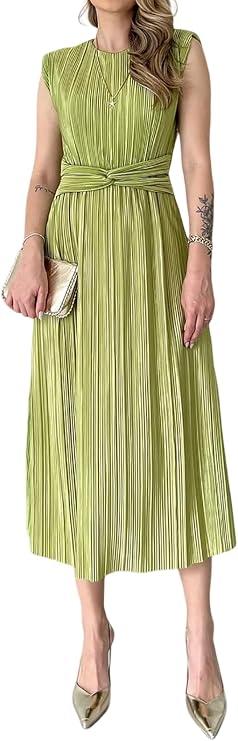 Pleated Maxi Dress Wedding Guest Cocktail Shoulder Pad Crewneck Sleeveless Front Twisted Elegant A-Line Dress, XL