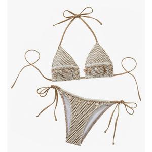 SHENHE Women's 2 Piece Crochet Mesh Bikini Sets Halter Triangle Top Tie Side Bathing Suit Shell Swimsuit (M)