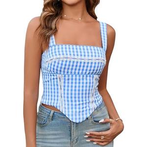 KUTUMAI 2025 Summer Gingham Bustier Sexy Square Neck Sleeveless Tank Top Going Out Corset Top for Women L