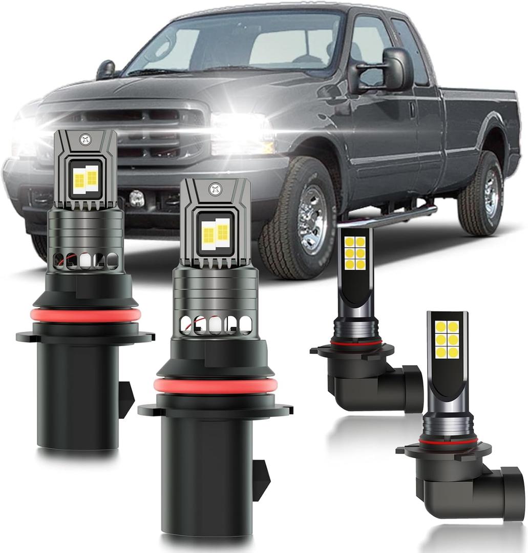Fits for 1999-2004 Ford F250 Fog Lights Bulbs Combo, 4pcs Super Bright White Dual Beam and Fog Lights Blubs Package, 1:1 Size as Stock Bulbs, Plug and Play