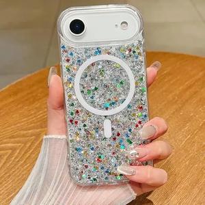 Changjia Magnetic Glitter Case for iPhone Air,[Compatible with MagSafe] Cute Luxury Bling Sparkly Crystal Diamonds Shiny Clear Shockproof Women Girls Slim Protective Cover for iPhone 17 Air 6.5", White