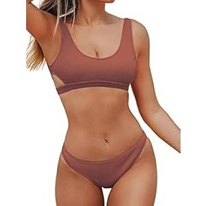 Women Swimsuit Bikini Set Two Piece Ribbed Texture Side Cutout Tank Top Mid Rise Bathing Suit, S, Brick Red 