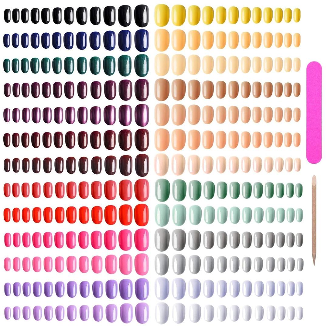 EBANKU 960pcs Short Colorful False Nails for Women Oval Press on Nails Glossy Acrylic Full Cover Artificial Fake Nail Tips with Nail File Nail Stick (962 Piece Set)