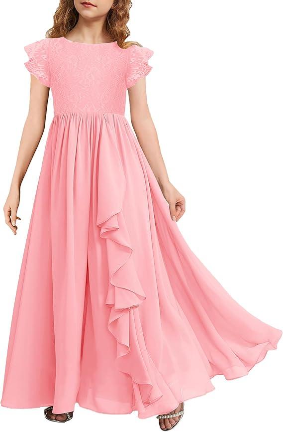 MITILLY Girls Lace Flower Maxi Dress Ruffle Sleeve A-Line Flowy Junior Bridesmaid Chiffon Dresses for Wedding Party 8-9 Years
