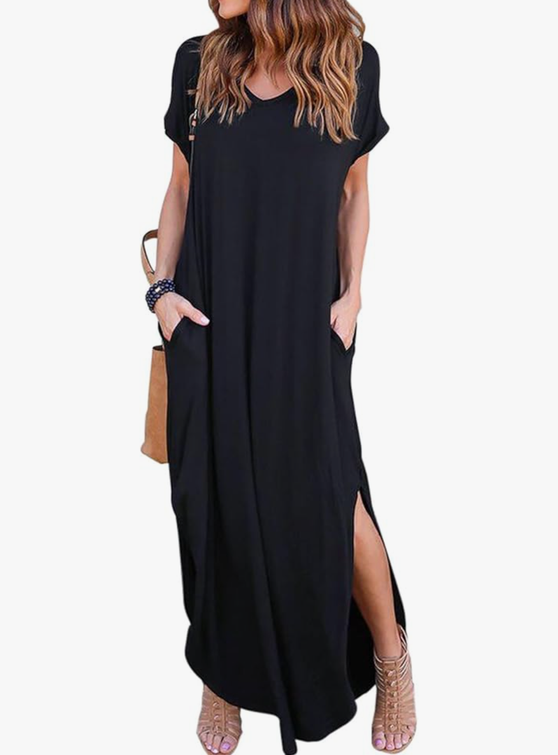 HUSKARY Women's Summer Maxi Dress Casual Loose Pockets Long Dress Short Sleeve Split Maxi Dresses | Medium