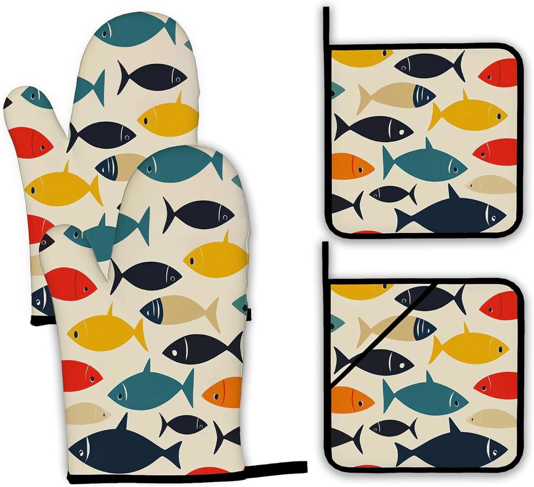 Cute Fish Oven Mitts and Pot Holders Set,Boho Kitchen Decor Heat Resistant Non Slip Hot Pads and Oven Mitt for Chef Cooking Baking BBQ Mom Girl Gifts(4 Piece Set)