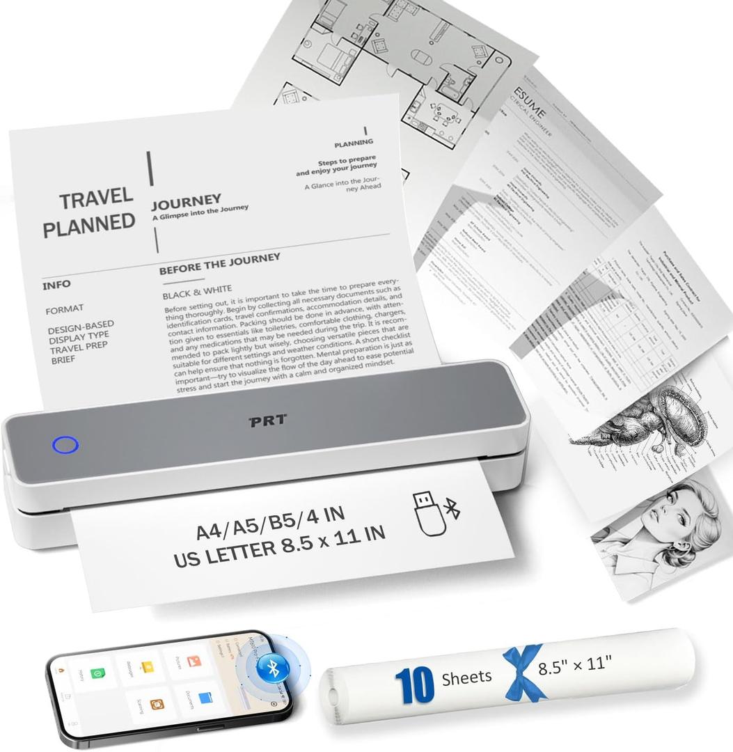 PRT Inkless Portable Printer, Wireless Thermal Printer for Travel Support 8.5"x11" US Letter & A4 B5, MT610 Small Bluetooth Mobile Printers with iOS Android Laptop for Home Car Office School, Grey