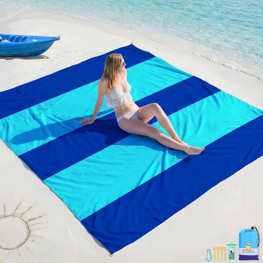 BYDOLL Beach Blanket 78''X81'' Waterproof Sandproof Suits1-4 Adults Oversized Lightweight Large Blanket Picnic Mat for Beach Sand Free Travel Camping Hiking Picnic (Blue2 Mix)
