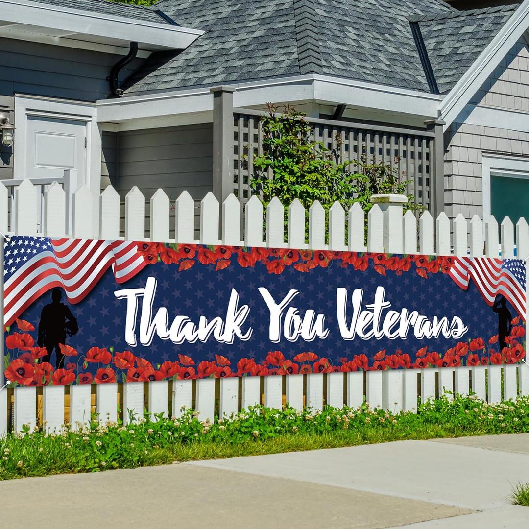 Rvsticty Veterans Day Decorations Thank You Veterans Banner for Fence Yard Lawn Red White Blue Independence Day Decor 4th of July Memorial Day Decorations and Supplies for Home Party