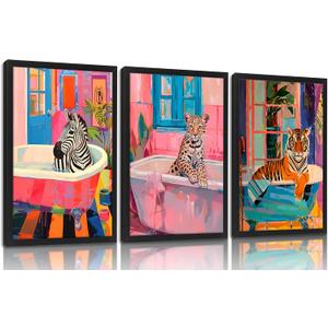 Funky Bathroom Animal Wall Art set of 3, Tiger Leopard Zebra in Bathtub pictures Wall Decor, Pink Kitsch Aesthetic Animal Eclectic Posters Print Artwork for Restroom Bathroom (L16''W24'')