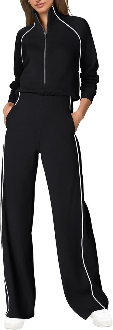 SENSERISE Womens Jumpsuits Casual Long Sleeve One Piece Jumpsuit Wide Leg Mock Neck Airport Travel Outfits with Pockets (X-Small, Black)