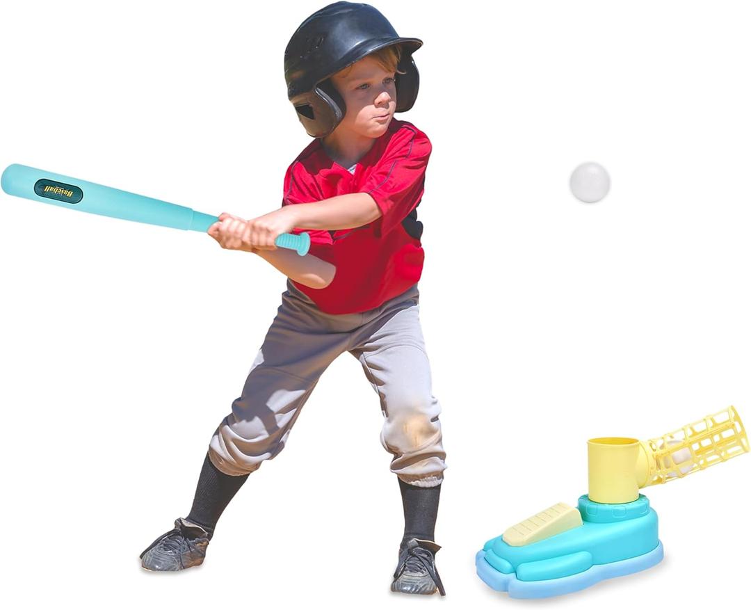 Dazmers Baseball Launcher Kit - Tee Ball Set - Includes 1 Bat (22.6"x2"), 1 Pitching Machine (8.6"x18"x10"), and 3 Baseballs For 6 years + - Improves Batting Skills and Motor Coordination - Multicolor
