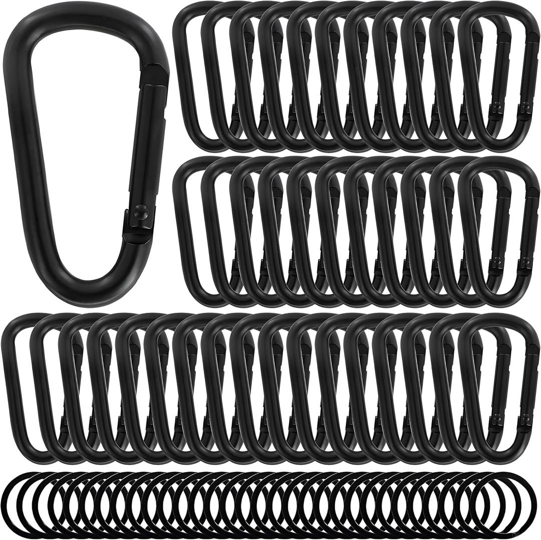 Heavy Duty Aluminum D Carabiner Clips & Key Rings, Black & Sliver Corrosion Resistant Keychain for Keys, Outdoor Sports, Hiking, Camping, Fishing & Hanging Gear (50Pcs 2.36"- B)