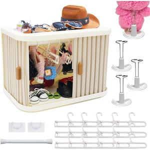Foldable Doll Wardrobe Storage Compatible with Labubu - Complete Display Kit with 15 Hangers, Rod & 4 Stands - Sliding Door Organizer with Top Shelf