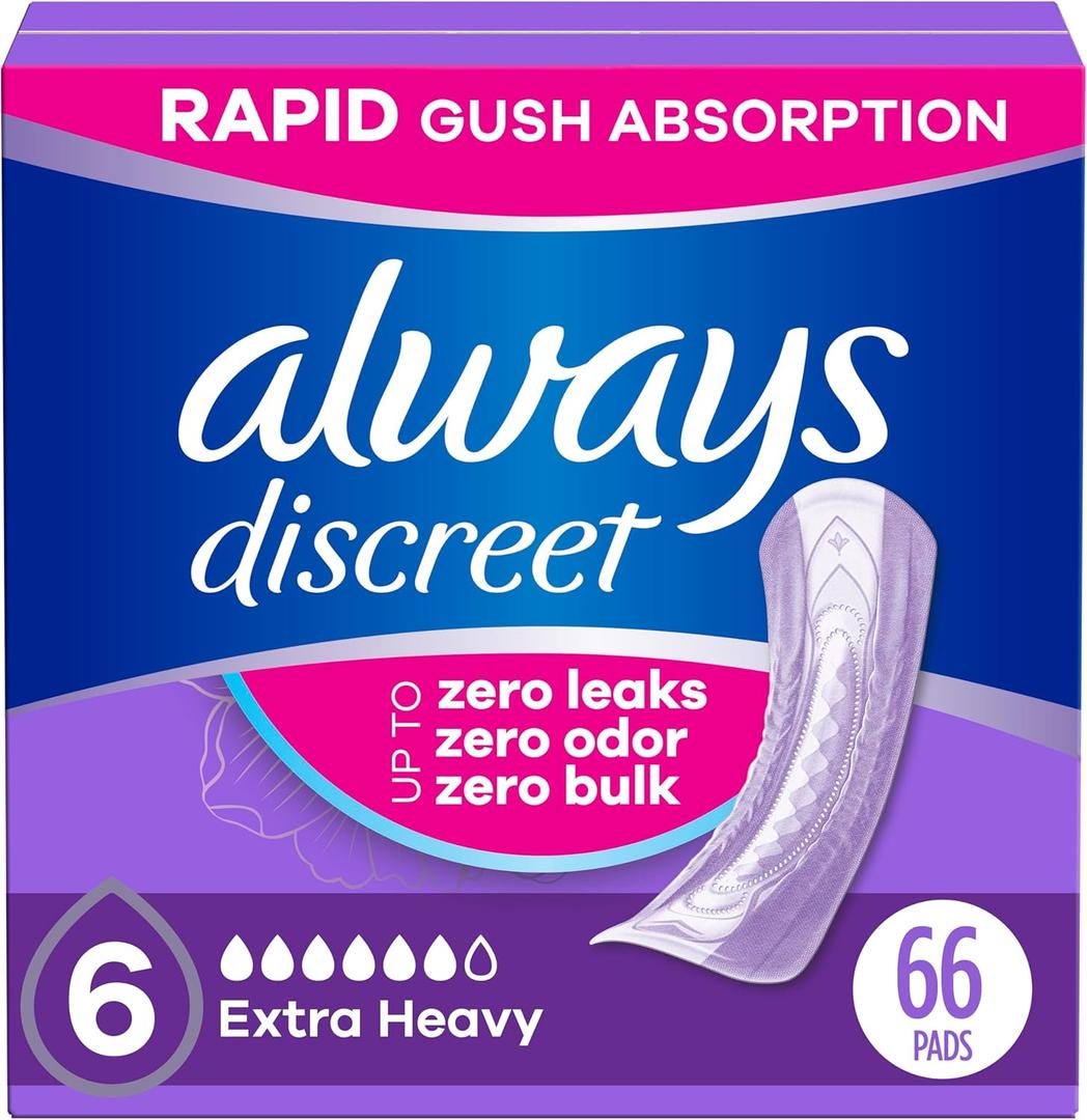 Always Discreet Adult Incontinence Pads for Women, Drier vs Poise, 6 Drop Regular Length, Extra Heavy Absorbency, Pads for Bladder Control Management, Bladder Leaks, & Postpartum Pads, 66ct