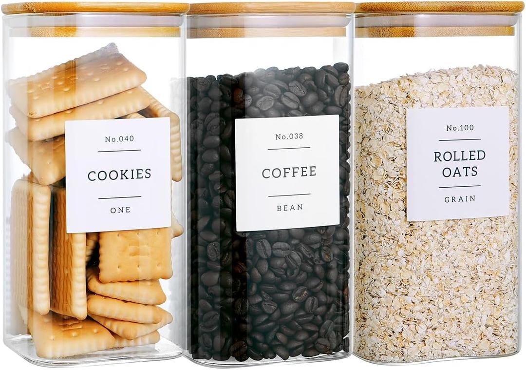 3 Pack Square Glass Kitchen Storage Jars with Airtight Bamboo Lids and 132 Pantry Labels - 54oz Glass Canisters with Wood Lids - Food Storage for Sugar, Rice, Pasta, Cereal