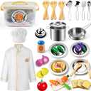 Juboury Pretend Play Kitchen Set - Toy Kitchen Accessories with Stainless Steel Cookware Pots and Pans, Plates, Cooking Utensils, Kids Chef Coat & Hat, Wooden Play Food for Kids, Girls, Boys, Toddlers