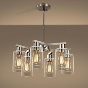 6-Light Modern Farmhouse Brushed Nickel Chandelier, Dining Room Light Fixture Over Table Adjustable Height Hanging Industrial Pendant Lights Kitchen Island, Clear Glass Shade