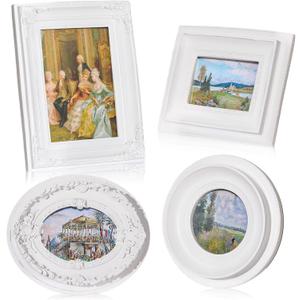 Geetery 4 Pcs Vintage Frames Set, Mini Antique Picture Frame Small Luxury Ornate Oval Circle Rectangle Wall Hanging for Gallery Wall Photo Display Tabletop Home Decor (White)