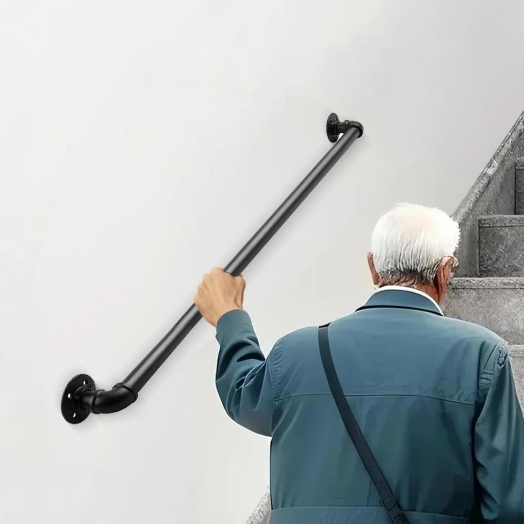4FT Industrial Pipe Stair Railings Indoor, Hand Rails for Indoor Stairs, Wall Mounted Stair Handrail for Outdoor Steps, Heavy Duty Support Black Stair Railing for Loft Porch Deck(1 Section)