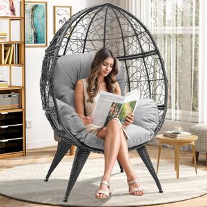 YITAHOME Oversized Wicker Egg Chair for Indoor and Outdoor Use with Stand, Cushion, and Leveling Feet, Large Lounger for Patio, Garden, Backyard, Balcony, Supports up to 330lbs, Grey