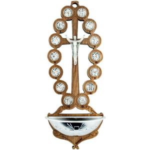 VILLAGE GIFT IMPORTERS Olive Wood Stations of The Cross Holy Water Font (Beaded-Style)