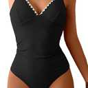 Fanuerg Women's Ribbed One Piece Swimsuit Tummy Control V Neck Bathing Suit Color Block Swimwear (Black)