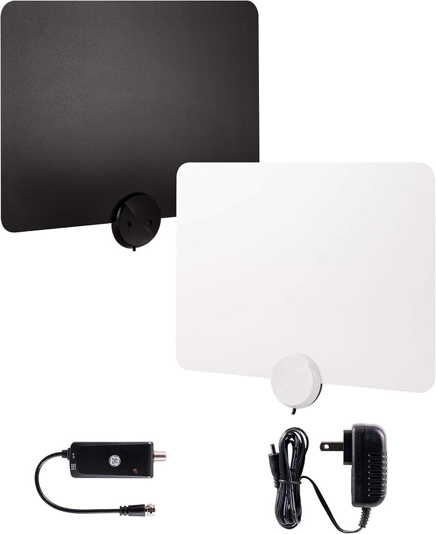 GE Ultra-Thin Amplified TV Antenna, 4K Ready 1080P Digital HDTV UHF VHF, Long Range Indoor TV Antenna, Amplifier with LTE Filter, Reversible Black/White Finish, 48862
