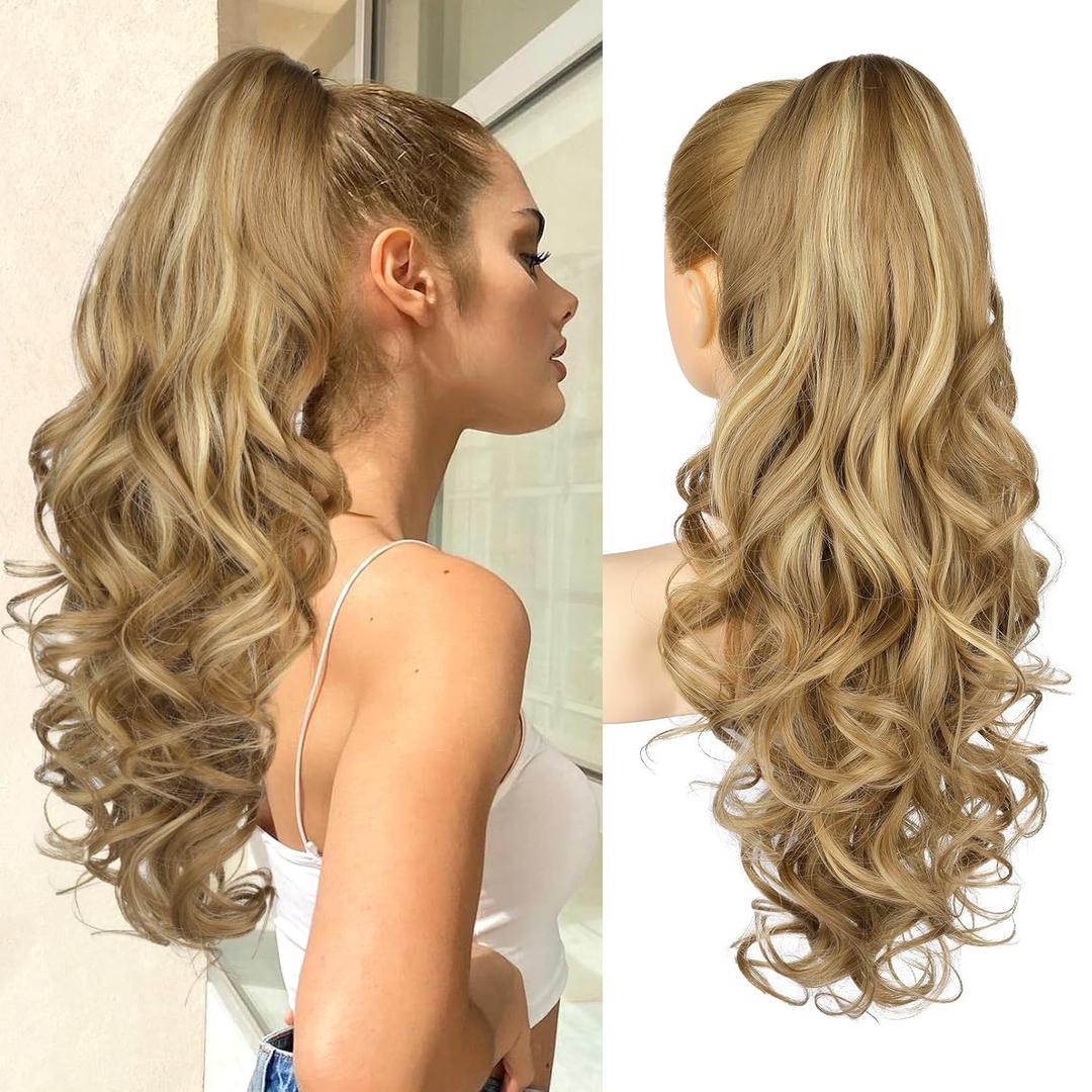 REECHO Ponytail Extension, 24" Claw Clip Ponytail Extension Wavy Ponytails Hair Extensions Jaw Clip on Pony Tails Natural Synthetic Hairpiece for Women Daily, Medium Blonde with Blonde Highlights