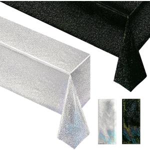 2 Pcs Black & Silver Holographic Laser Tablecloths Shiny Plastic Table Cloths 40" x 108" Black and White Classical Halloween Events Birthday Party Decor Anniversary Supplies
