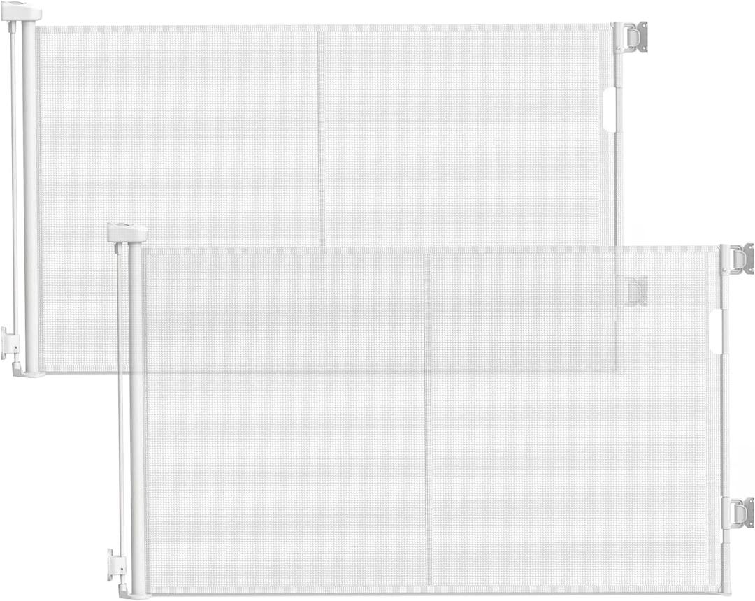 2 Pack Reinforced Retractable Gate with Support Rods - Prevent Crawling Under, 60" Wide Retractable Dog Gate Indoor/Outdoor Use, Mesh Baby Gate Retractable Pet Gate for Stairs, Doorways, Decks, White