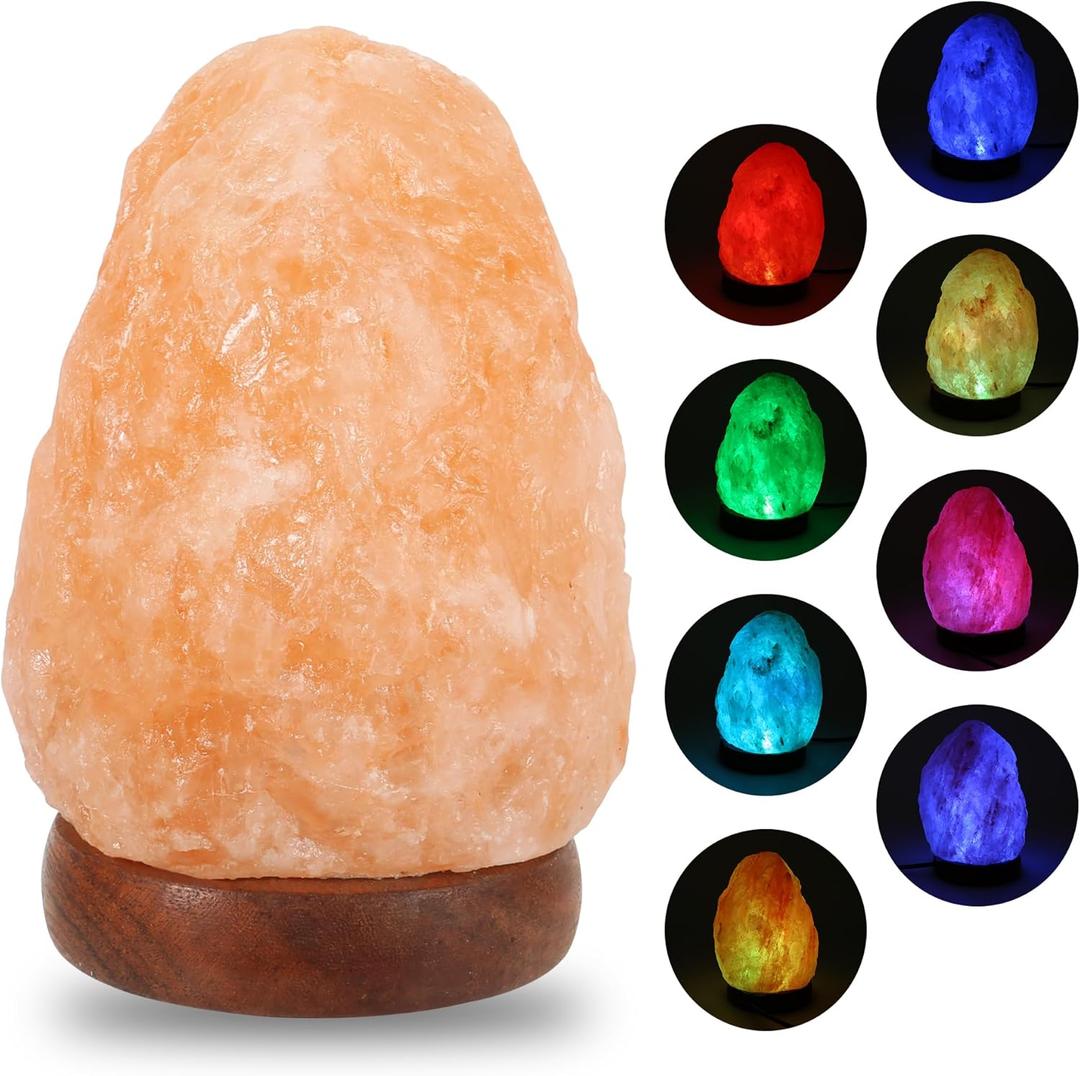 Wrcevtor Natural Salt Rock Night Lamp with 7 Colors Changing, Mini Small Crystal Salt Lamp for Home Decor and Gift - Natural Shaped, Premium Wood Base