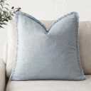 Foindtower Decorative Linen Fringe Throw Pillow Covers Cozy Boho Farmhouse Cushion Cover with Tassels Soft Accent Pillowcase for Chair Sofa Bed Living Room Home Decor, 2222 Inch,1PC,Sky Blue