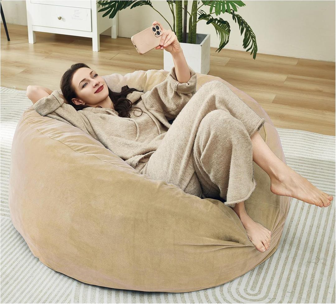 36 Inches / 3 Feet Bean Bag Chair with Memory Foam Filler for Adults and Kids, Ultra Soft Dark Gray Velvet Cover, Living Room Use, Comfortable Wrap(Beige, Medium)