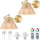 Rattan Swing Arm Battery Operated Wall Sconces Set of 2,Rechargeable Wireless Dimmable 3 Color Wall Light with Remote,Cone Indoor Light Fixture for Bedside,Kitchen,Hallway,Living Room,Reading (Gold+Brown)