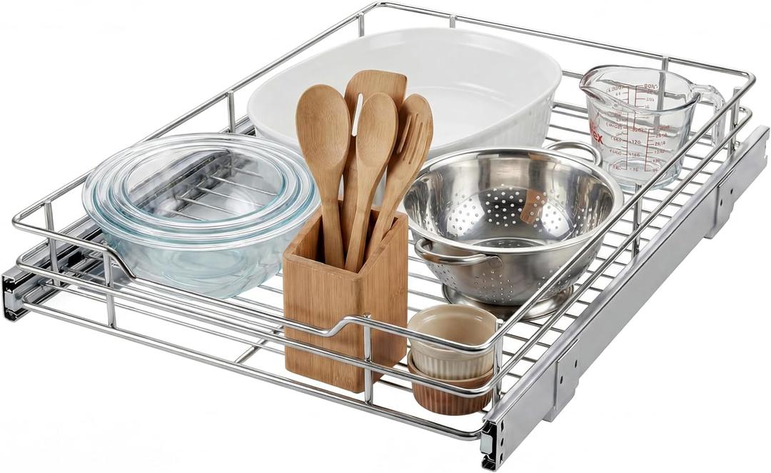 Garvee Pull Out Cabinet Organizer, 15" W X 21" D, Heavy Duty Slide Out Kitchen Organizers and Storage, Full-Extension Roll out Shelf and Drawer for Pots, Pans & Under Sink Storage, Chrome Finish
