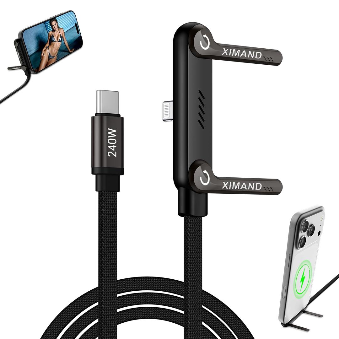 Invisible Holder Charger Cable, 240W USB C to Lightning Cable 1.5M/4.9FT Braided Fast Charging Cord, 90 degree Connector & 360° Adjustable Stand for iphone, Gaming, Home, Office, Black, 1 Pack