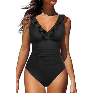Holipick Women One Piece Swimsuits Tummy Control Bathing Suit Ruffle V Neck Swimwear Slimming Monokini Size L