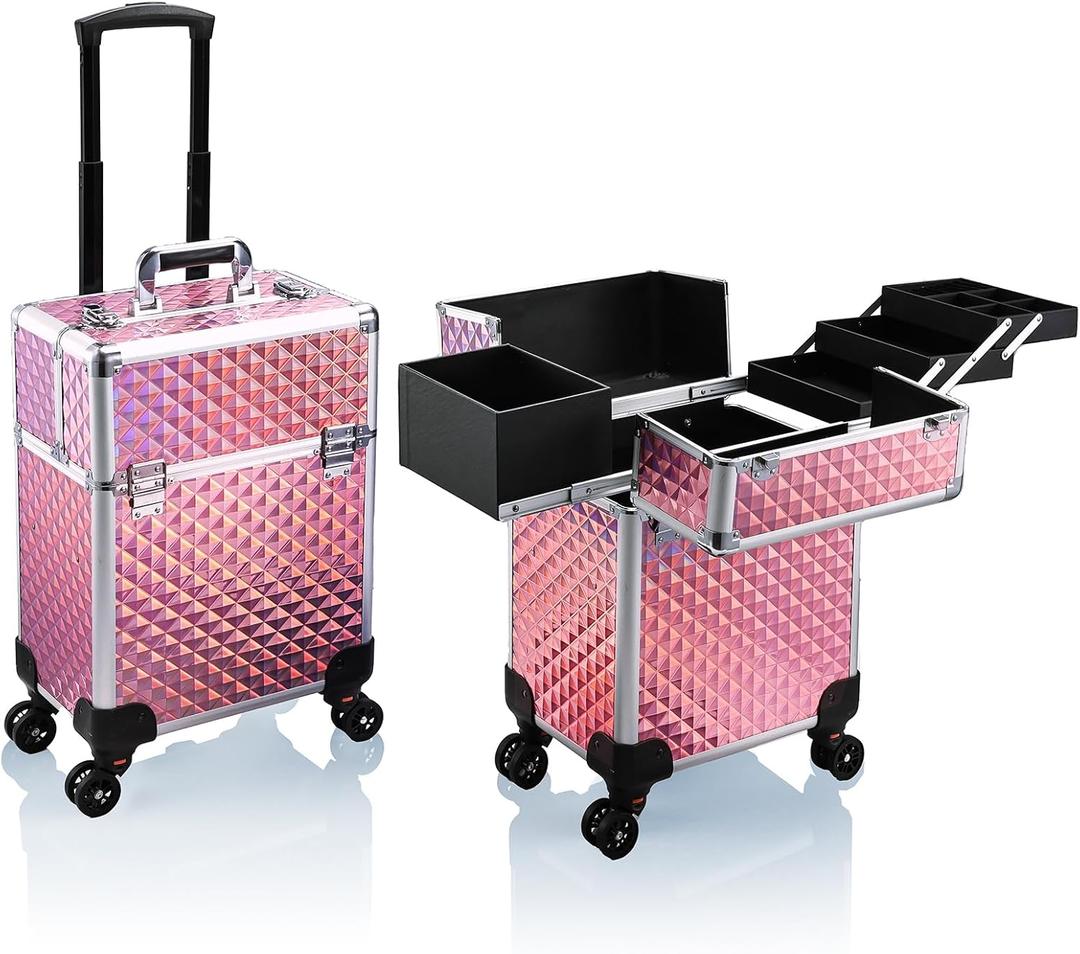 Stagiant Rolling Makeup Train Case Large Storage Cosmetic Trolley 4 Tray with Sliding Rail Removable Middle Layer with Key Swivel Wheels Salon Barber Case Traveling Cart Trunk (EXP 09/21/26)