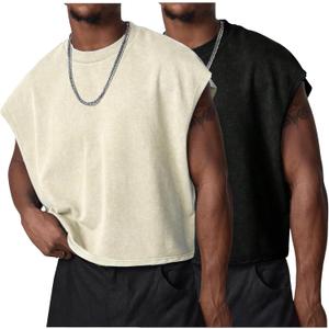 Wyeysyt Men's Crop T Shirts Dolman Sleeve Acid Wash Tank Tops Vintage Loose Pullover Tops (X-Large, Black+beige)