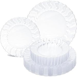 Lullaby 60PCS Clear Scalloped Plastic Plates, Disposable Elegant Party Plates Include 30pcs Dinner Plate 10.25", 30pcs Plastic Dessert Plate 7.5", Perfect for Wedding and Party